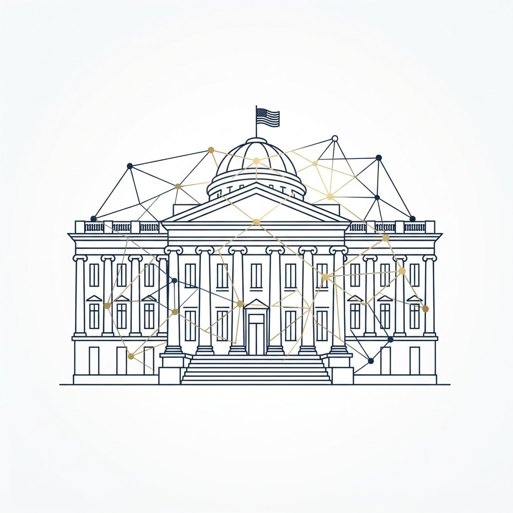 Abstract illustration of public institutions connected to an AI network